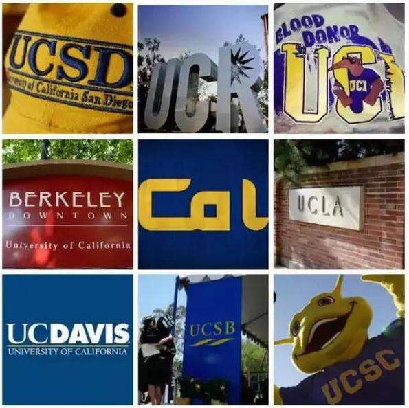 加州大学系统的大学可谓是留学生们大爱之地，包括伯克利分校（UCB）、洛杉矶分校（UCLA）、圣巴巴拉分校（UCSB）、戴维斯分校（UCD）、圣地亚哥分校（UCSD）、尔湾分校（UCI）、河滨分校（UCR）、圣克鲁兹分校（UCSC）、旧金山分校（UCSF）、莫塞德分校（UCM）。 